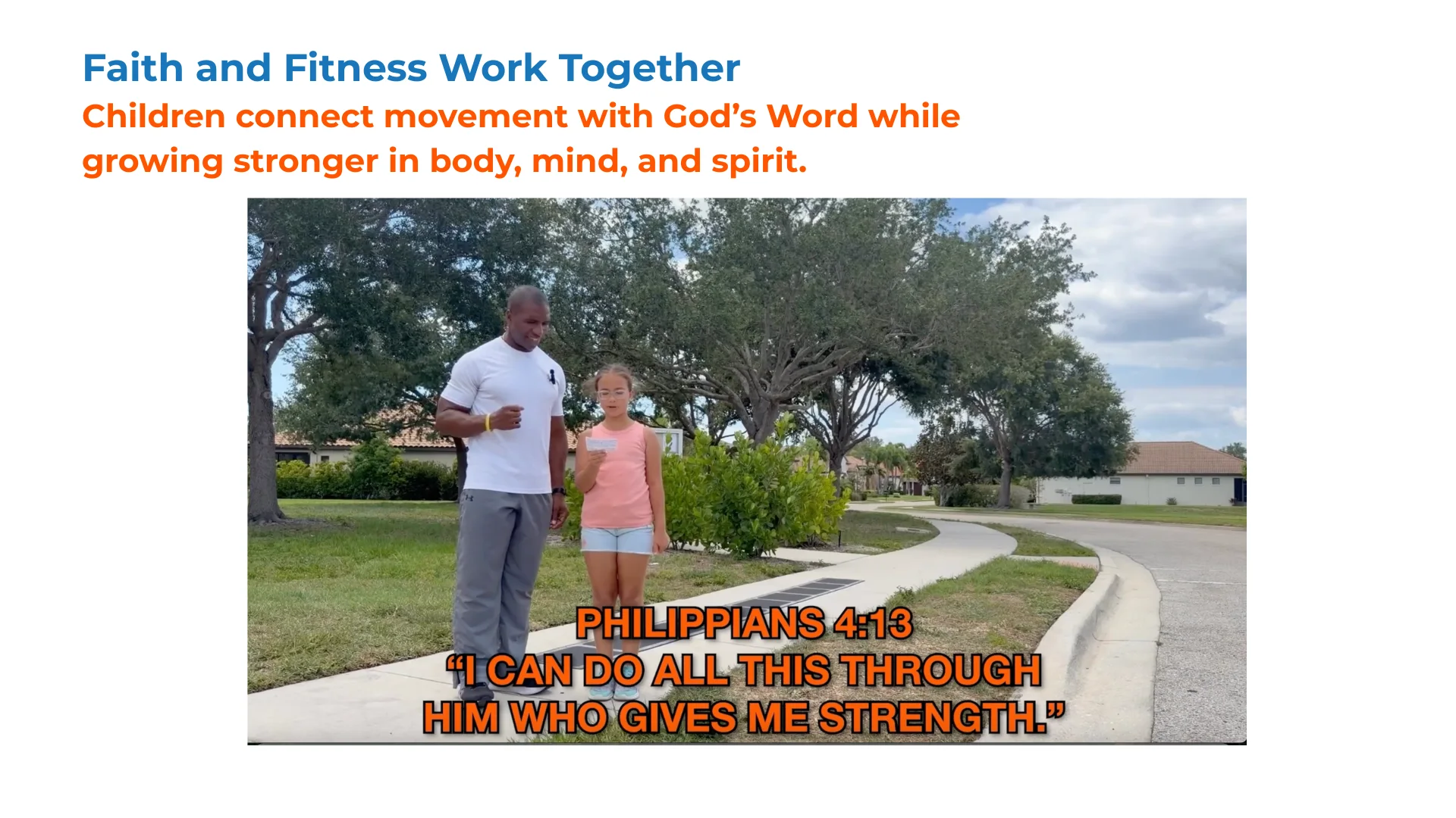 A coach and child exercising outdoors with Philippians 4:13 displayed on the image