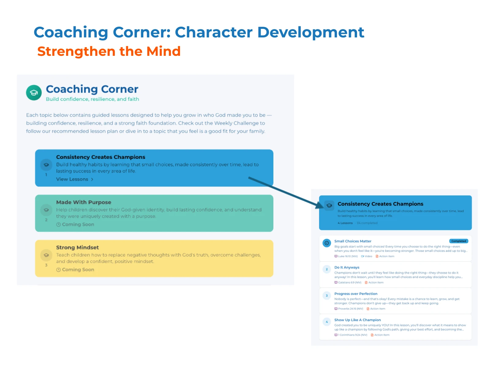 Coaching Corner overview showing character-development topics and their guided lessons.