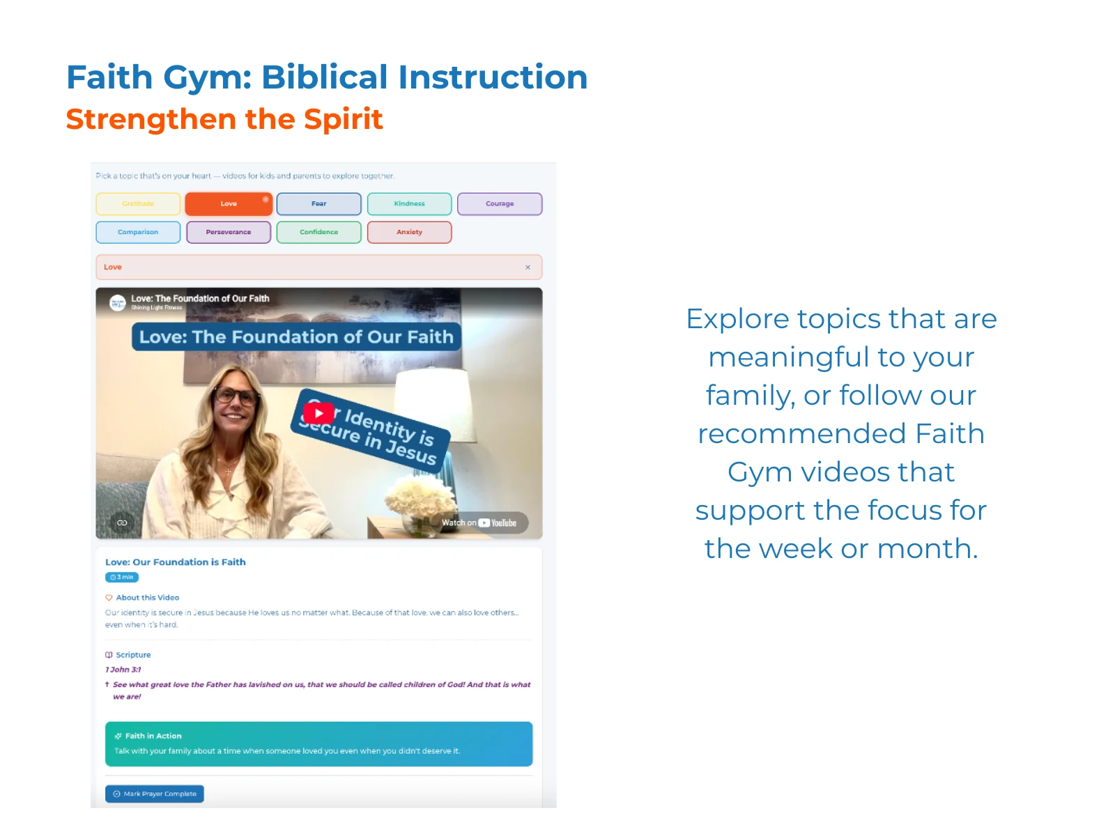 Faith Gym Biblical Instruction screen showing a lesson about love, Scripture, and a faith-in-action activity.